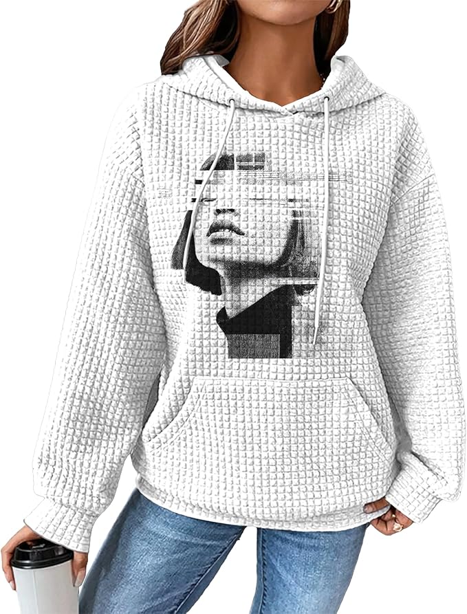 domirica Pullover Sweatshirts For Women Drawstring Long Sleeve Waffle Sweatshirt With Pocket Vintage Street Wear Qutfits