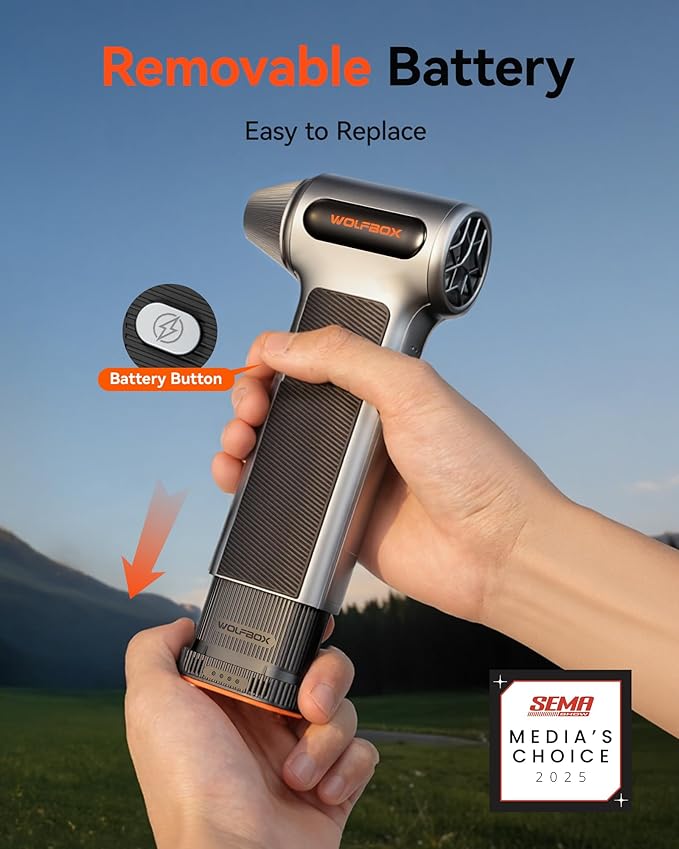 WOLFBOX MF200 Compressed Air Duster with Removable Battery & 4 Nozzles, Cordless 3-Speed Adjustable Mini Blower for Computer Keyboard, Car Cleaning, Home, and Outdoor Use