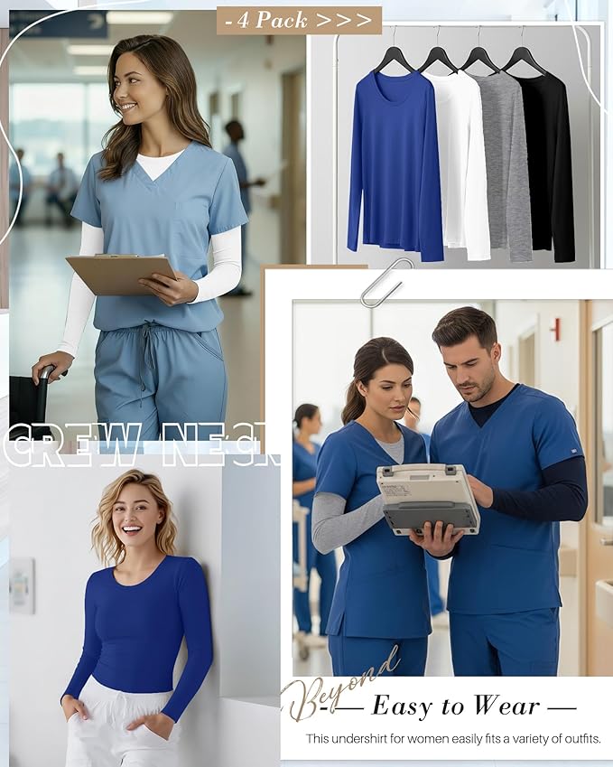 4 Pack Women's Underscrub Shirts Nurse Undershirts Long Sleeve Crewneck Slim Fit Tops Soft Stretchy Basic Tee