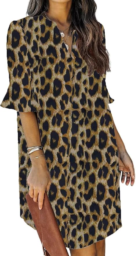 QACOHU Summer Dresses for Women V Neck Ruffle Short Sleeve Casual Shift Dress