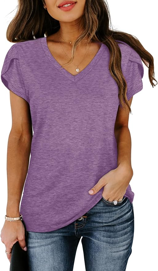 WIHOLL Womens Tops V Neck Summer Petal Sleeve Casual Tshirts