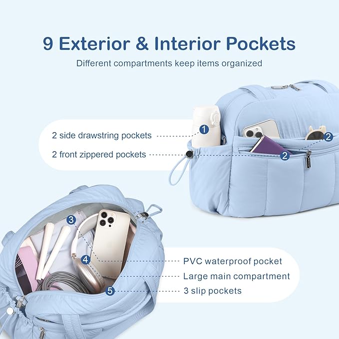 TOPDesign Travel Duffel Bag for Women, Puffer Gym Bag Sports Tote with Wet Pocket, Carry On Weekender with Luggage Sleeve (Ocean Blue)