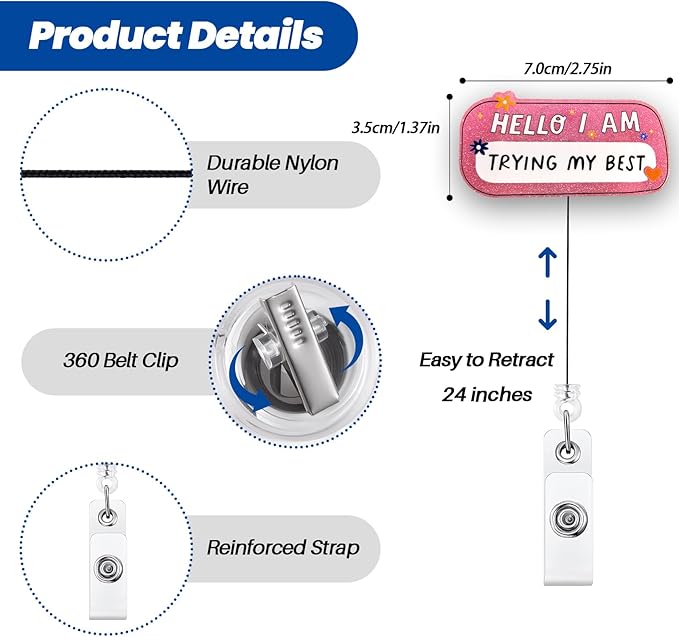 HELLO I AM TRYING MY BEST Funny Badge Reel, Pink Retractable ID Card Badge Holder, Name Work Badge Clip for RN LPN CNA MA ER Night Shift Nurse Nursing Student OB/GYN L&D Cardiology Doctor, Nurse Gifts