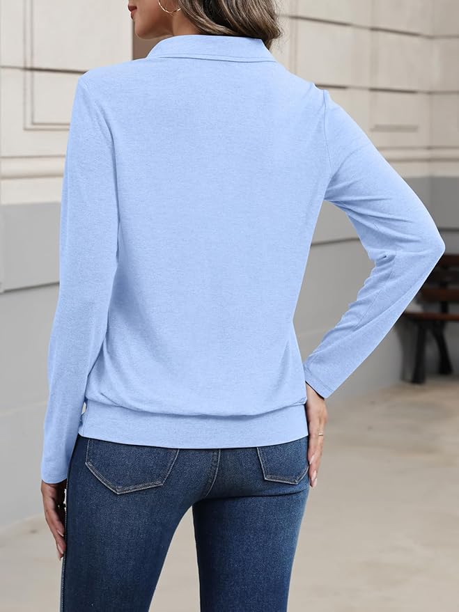 Womens Polo Shirts Long Sleeve Banded Bottom Tops Business Casual Tops Collared V Neck Blouses