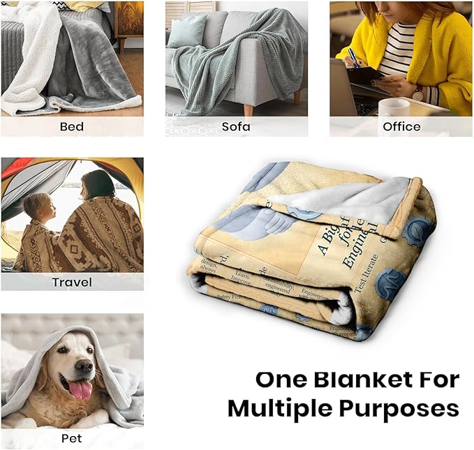 Engineer Appreciation Blanket 60x50, Soft Flannel Throw, Retro Newspaper Blueprint and Circuit Heart Design, Cozy STEM Gift for Graduation, Office or Dorm Decor, Geek Present for Men and Women