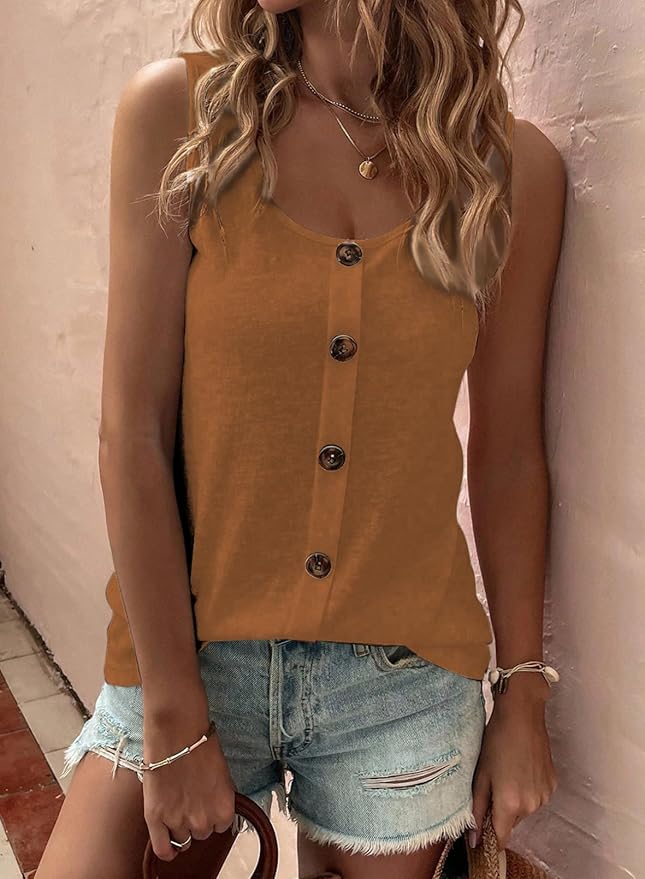 SHEWIN Womens Tank Tops Solid Button Crewneck Sleeveless Summer Tops Loose Fit