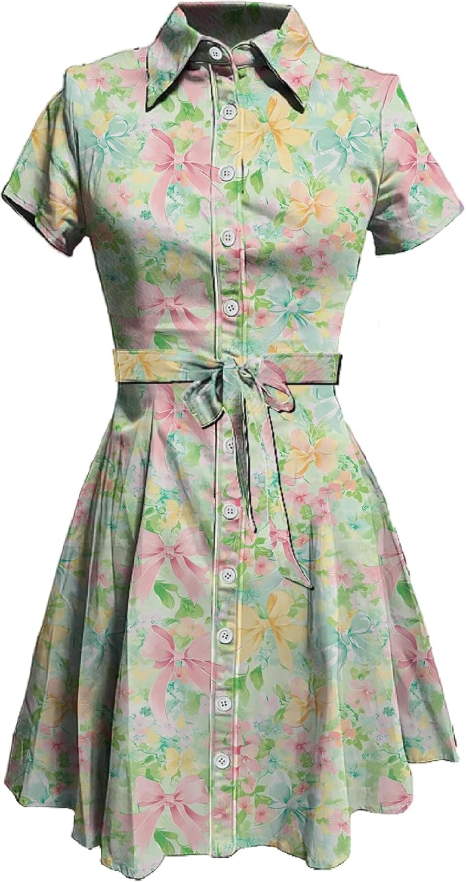 MARSVOVO Cute T Shirt Dress for Women Short Sleeve Button Up Tie Waist Elegant Casual Collared Smocked Midi Dress