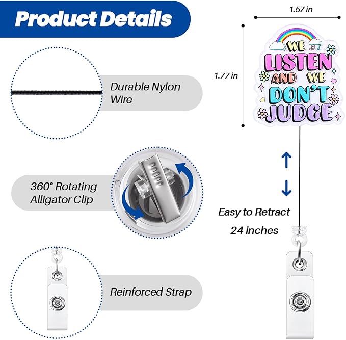 We Listen and We Don't Judge Funny Nurse Badge Reel, Cute Retractable ID Card Badge Holder for Therapists, Counselors, Social Workers, Medical Staff, Nursing RN LPN CNA MA HR Teacher Student Doctor