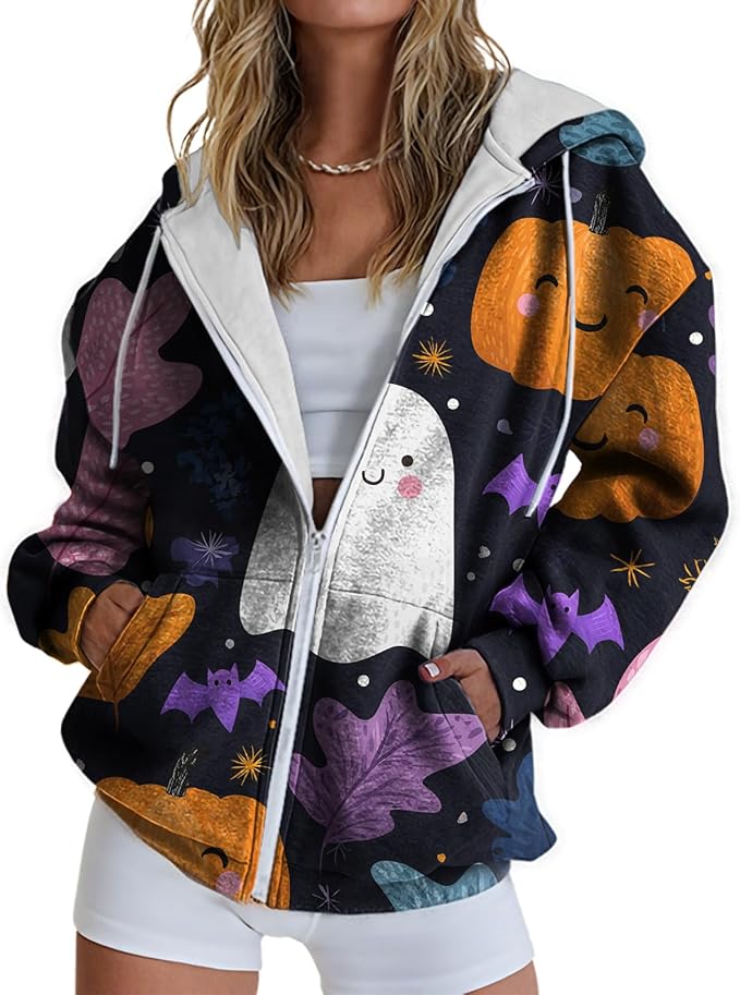 domirica Halloween Hoodie Lightweight Zip Hoodies For Women Fall Casual Vintage Sweatshirt Casual Wear Fashion Outfits