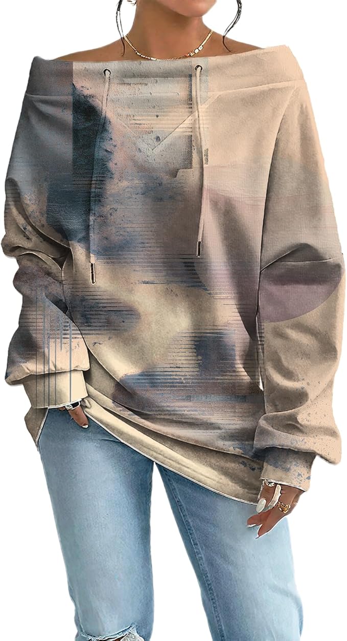 Womens Sweatshirts Floral Print Sexy Off The Shoulder T Shirts Oversized Long Sleeve Pullover Fall Tops