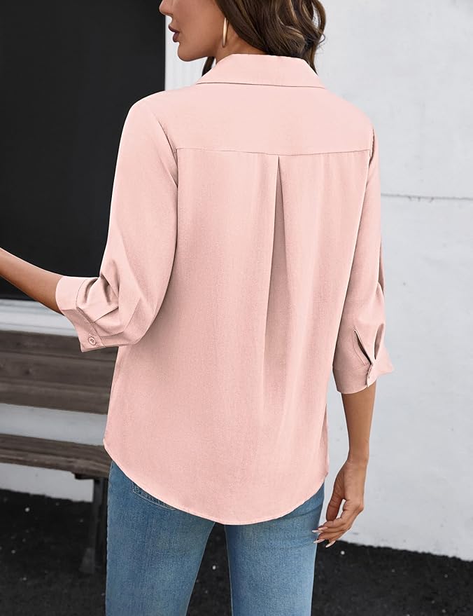 LOMON Womens 3/4 Sleeve Tops V Neck Cotton Linen Work Blouse Polo Shirts for Women Business Casual 2026