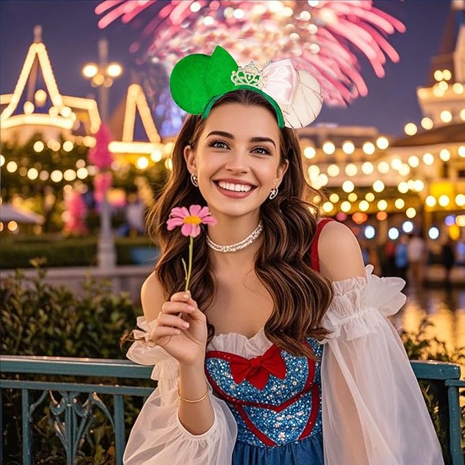WW-WONDERFULWORLD Witch & Fairy Mouse Ears Headband, Green and Pink Two-Tone Design, Crystal Crown Tiara, Halloween Costume Accessory, for Birthday Party, Daily Fashion Headwear