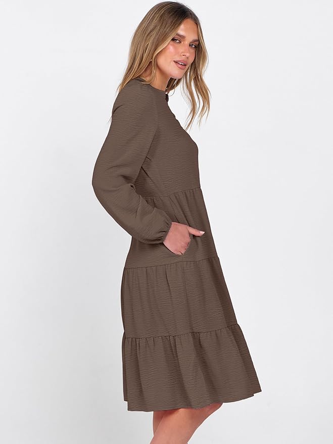 ANRABESS Womens Fall Midi Dresses Long Sleeve V Neck Swing Tiered Work Business Casual 2026 Flowy Beach Vacation Dress