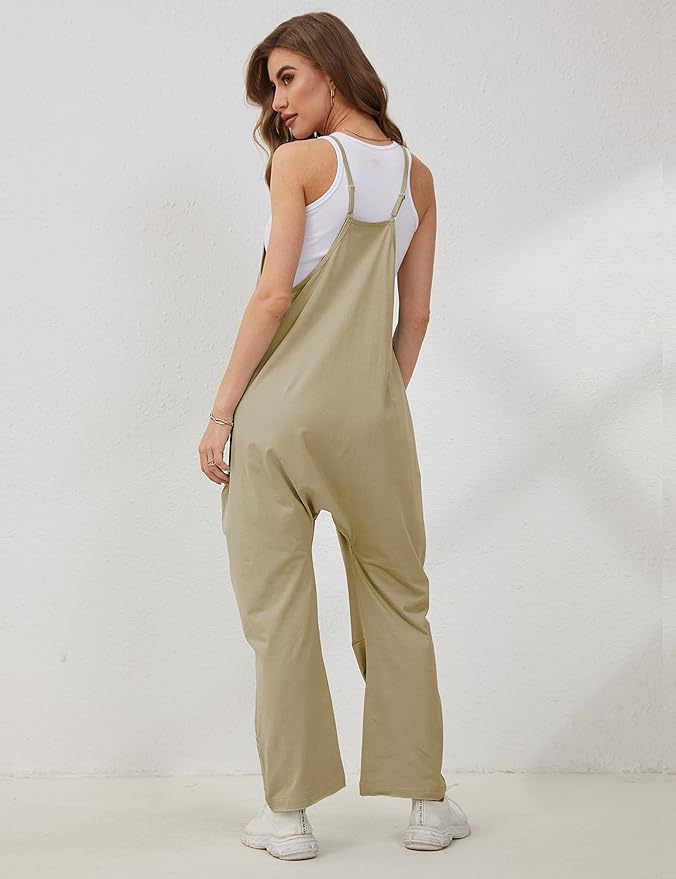 Lentta Women's Causal Jumpsuits V Neck Sleeveless Harem Overalls Stretchy Adjustable Strap Romper with Pockets