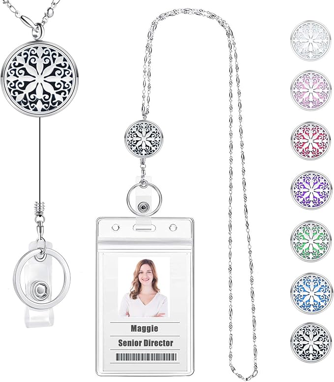 Retractable Lanyard ID Badge Holder Retractable Lanyards for ID Badges Women Cute Teacher Lanyard Necklace Nurse Accessories Work Diffuser Jewelry Strong Silver Chain Badge Reels Employee Mandala