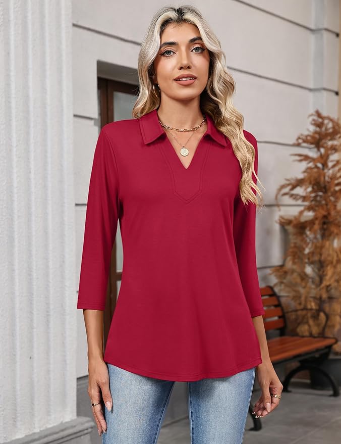 LOMON 3/4 Length Sleeve Womens Tops 2026 Spring Summer Collared Polo Shirts V Neck Casual Basic Polos Tees Shirt