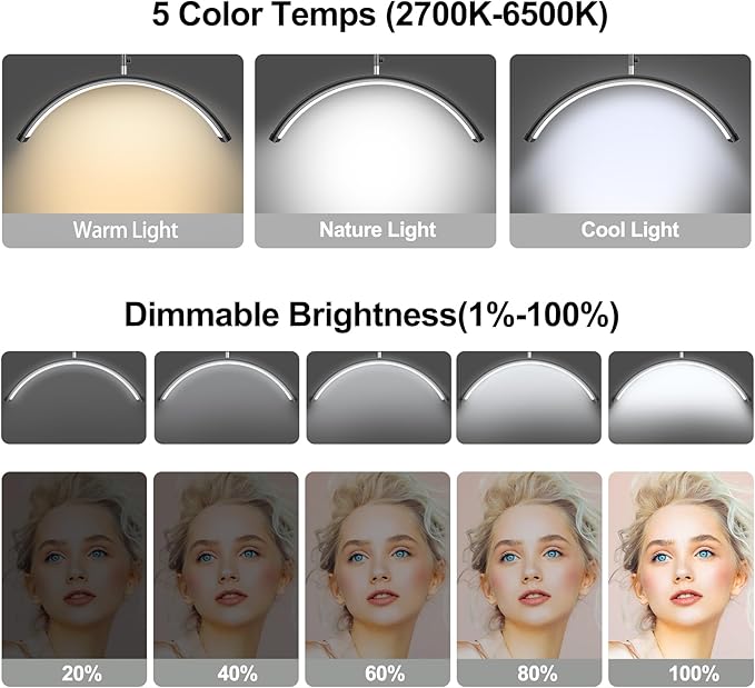 Half Moon Lash Light - Adjustable LED Floor Lash Lamp with 4X Magnifier & Phone Holder for Eyelash Extensions,Nail Art,Tattoo,Skincare,Salon SPA-Dimmable Brightness,Rotating Head, Black