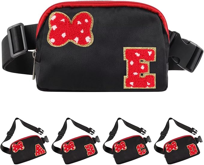 Initial Letter Bow Mouse-Ear Fanny Pack for Teen Girls,Cute Chenille Belt Bag Crossbody Travel Waist Pack for Women&Kids,Personalized Gift for Theme Park,School & Travel, Birthday Christmas(E)