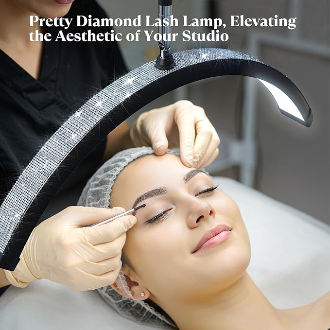 Lash Light, 23 Inch Bling Diamond Half Moon Light for Eyelash Extensions, Nail Art, Tattoo Art and Skincare, Adjustable Color Modes and Flexible, with Tool Tray (Black)