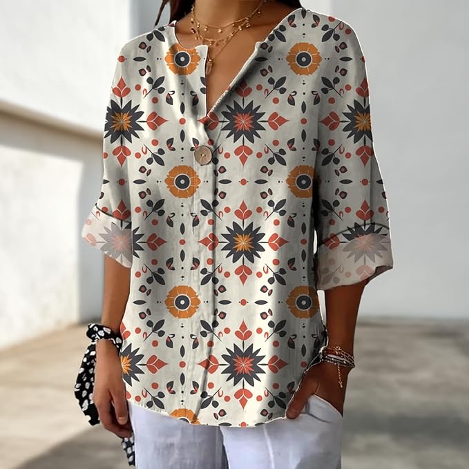 Long Sleeve Shirts for Women V Neck Button Boho Graphic Blouses Casual Collared Fashion Summer Flowing Tops