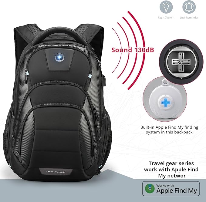 Swissdigital Design TSA Business Laptop Backpack for Men, Large Capacity Travel Backpack with Apple Find My Network and USB Charging Port Tech Backpacks Fits 17 Inch Computer Black| SD1643FB-01