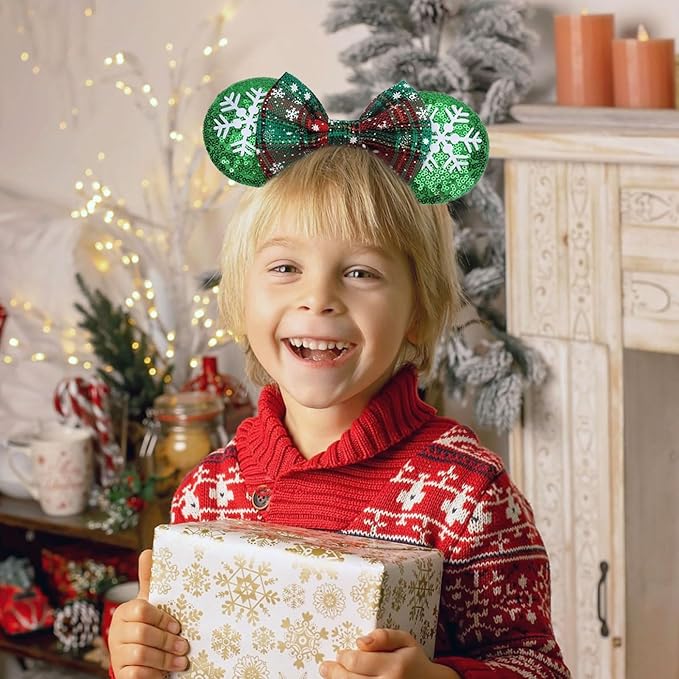ETLUK Christmas Ears for Women Adult Girls, Mouse Ears Headbands with Bows for Trips, Party, Accessories (Plaid)