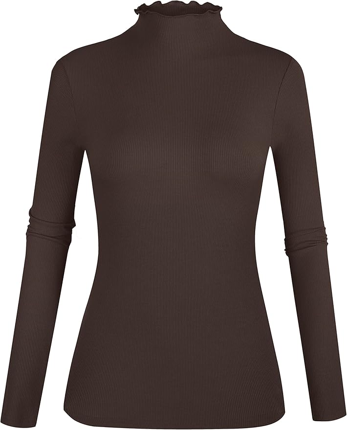 POPZONE Women's Lettuce Trim Mock Neck Long Sleeve Slim Fit Ribbed Knit Tee Shirt Tops