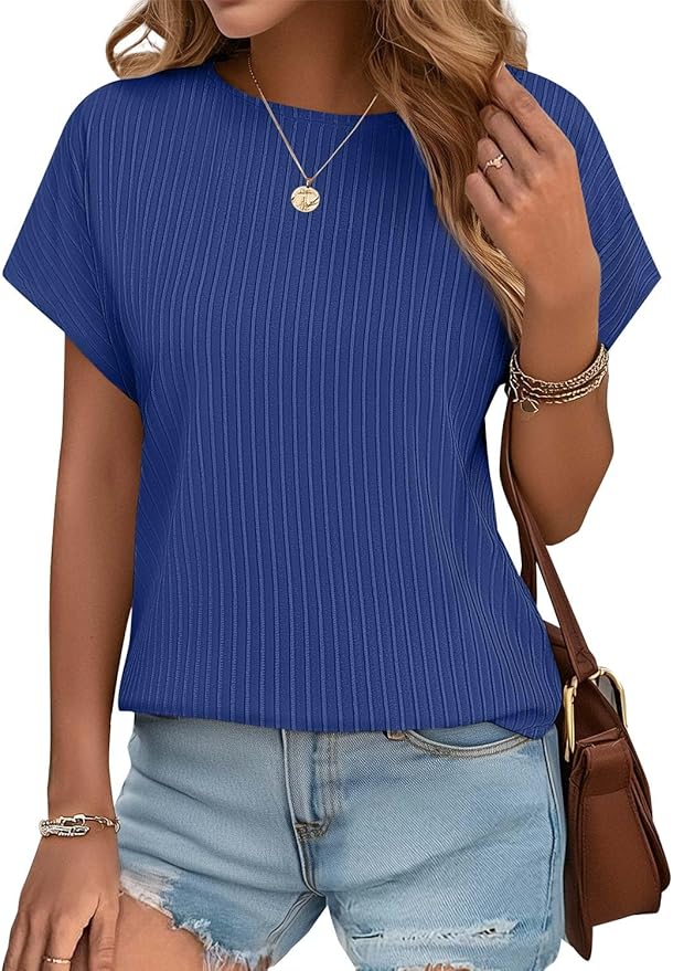 JUSTFASHIONNOW Womens Short Sleeve Blouses Business Casual Tops Crew Neck Basic Tees Textured Work Shirts Cute Office Outfits