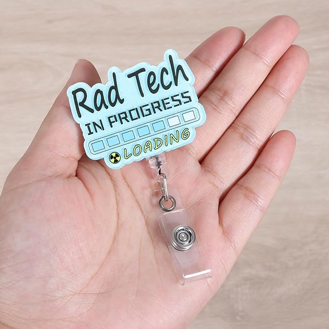 Rad Tech in Progress Funny Medical Badge Reel | Retractable ID Card Badge Holder | Name Tag Work Badge Clip for X-ray Radiology Tech RN LPN CNA MA ER Night Shift Nurse Doctor Gifts | Alligator Clip