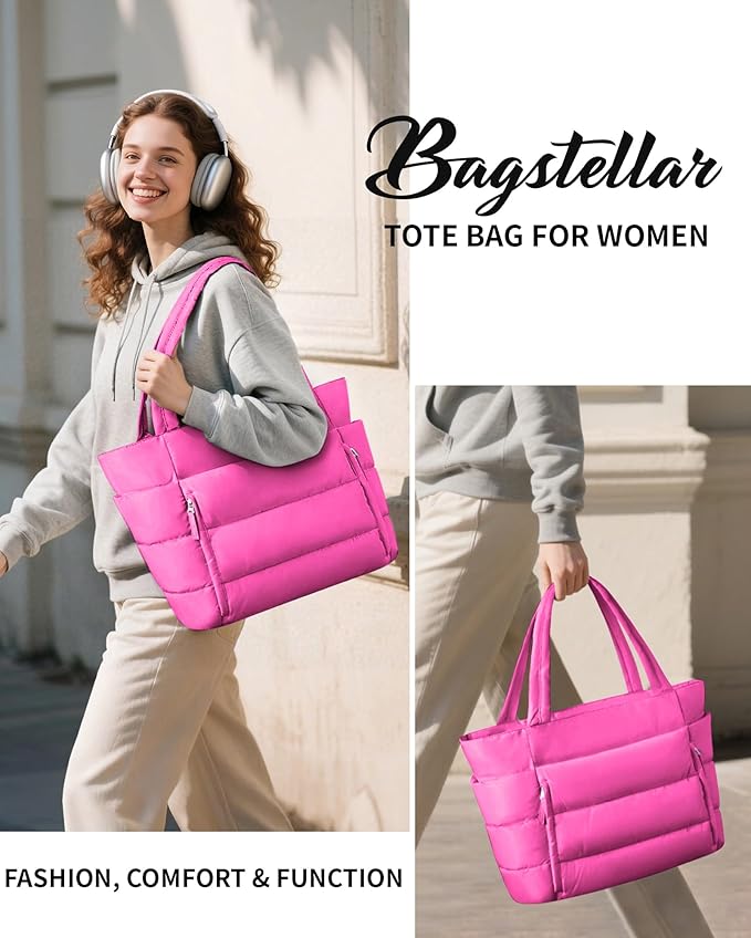 Puffer Tote Bag for Women, Lightweight Puffy Work Handbag Teacher Nurse Quilted Shoulder Bag for School Travel Gym | Quilted, with Zipper, Daily Carry On Bags, Comfy College Bags, 15.6" Laptop Sleeve, Cup Holder Pocket, Portable, Spacious