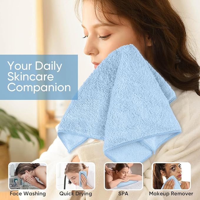 HOMEXCEL Microfiber Washcloths 12 Pack, Highly Absorbent and Soft Face Towel, Multi-Purpose Wash Cloths for Bathroom, Gym, Hotel, Spa and Kitchen, Multicolor 12x12 Inch, Blue