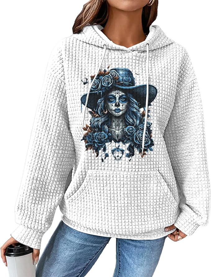 domirica Pullover Sweatshirts For Women Drawstring Long Sleeve Waffle Sweatshirt With Pocket Vintage Street Wear Qutfits