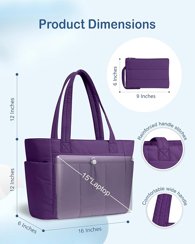TOPDesign Puffy Tote Bag for Women with Cup Holder & Laptop Compartment & Cosmetic Bag & Trolley Sleeve for Work, Travel