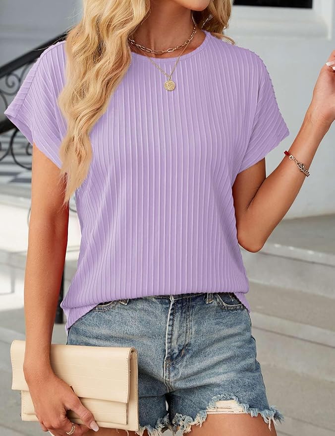 JUSTFASHIONNOW Womens Short Sleeve Blouses Business Casual Tops Crew Neck Basic Tees Textured Work Shirts Cute Office Outfits