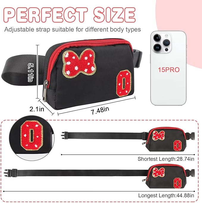 Initial Letter Bow Mouse-Ear Fanny Pack for Teen Girls,Cute Chenille Belt Bag Crossbody Travel Waist Pack for Women&Kids,Personalized Gift for Theme Park,School & Travel, Birthday Christmas(O)