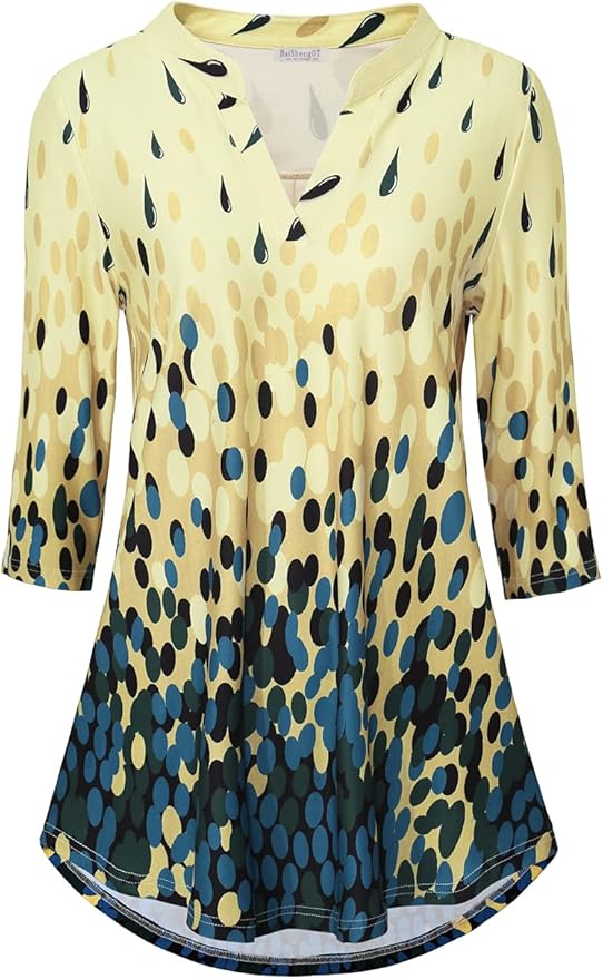 BAISHENGGT 3/4 Sleeve Tops for Women Notch V Neck Floral Work Blouses Dressy Casual Loose Fit Going Out Tunic Tops