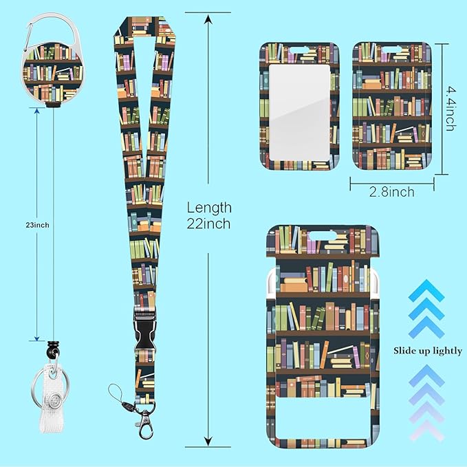 ID Badge Holder with Breakaway Book Lanyard and Retractable Badge Reel Clip,Bookshelves Full of Books Card Name Tag Lanyard Vertical ID Protector Badge Clips for Nurse Nursing Doctor Teacher