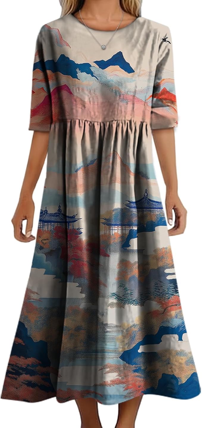 MARSVOVO Trendy Dresses for Women 2025 Classic Fairy Flowy Sundress Relaxed Fit Dress with Side Pockets