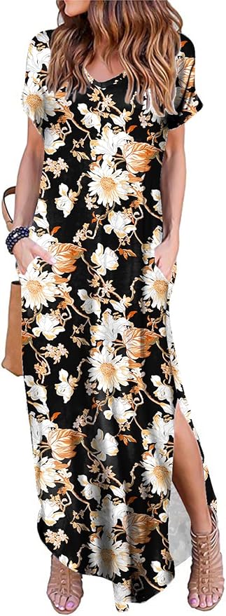 Arolina Women's Summer Maxi Dress Short Sleeve V Neck Casual Loose Long Beach Split Dresses with Pockets