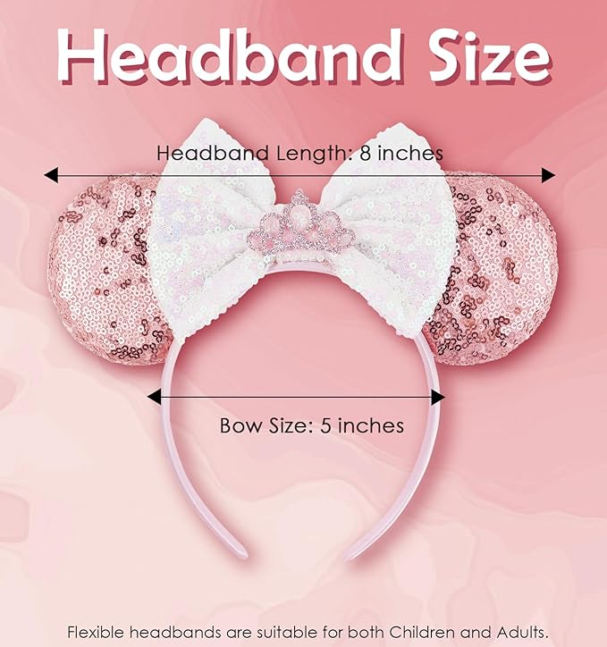 LIHELEI Mouse Ears Headband for Princess, Pink Minnie Ears for Women Halloween Costume, Sequin Bows Headwear Hair Accessories for Women - Pink