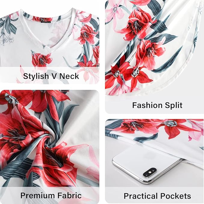 Arolina Women's Summer Maxi Dress Short Sleeve V Neck Casual Loose Long Beach Split Dresses with Pockets