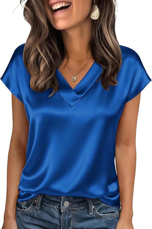 Zeagoo Women Silk Satin Tops Cap Short Sleeve Blouse V Neck Shirts Business Casual Outfits S-2XL