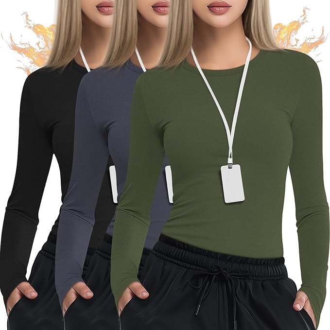 3 Pack Women's Underscrub Shirts Long Sleeve Thermal Scrub Undershirts Nurse Crew Neck Slim Fit Fleece Top Basic Tee