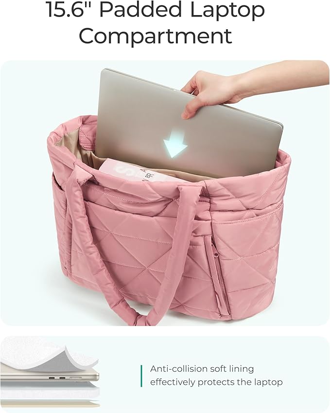 BAGSMART Tote Bag for Women, Puffy Tote Bag with Zipper, Large Quilted Shoulder Bag with Compartments for Travel, Work, Gym