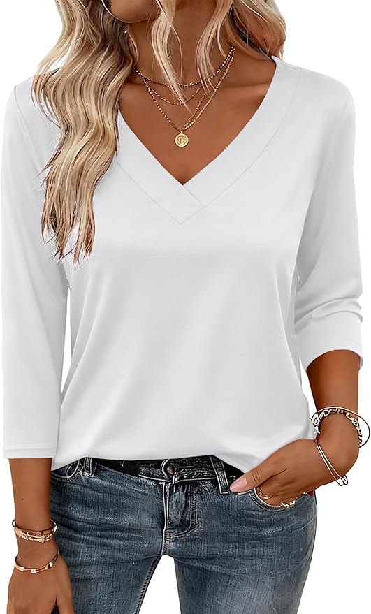 Zeagoo 3/4 Length Sleeve Womens Tops V Neck Shirt Dressy Casual Blouse Basic Tshirts 2026 Fashion Clothing S-2XL