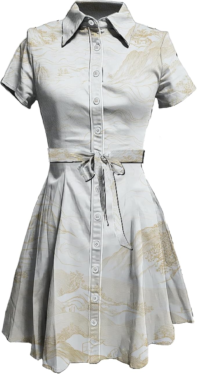 MARSVOVO Japanese Art Shirt Dresses for Women Short Sleeve Ruffle Button Down Tie Waist Trendy Elegant Midi Dress