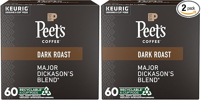 Peet's Coffee, Dark Roast K-Cup Pods for Keurig Brewers - Major Dickason's Blend 60 Count (6 Boxes of 10 K-Cup Pods) (Pack of 2)