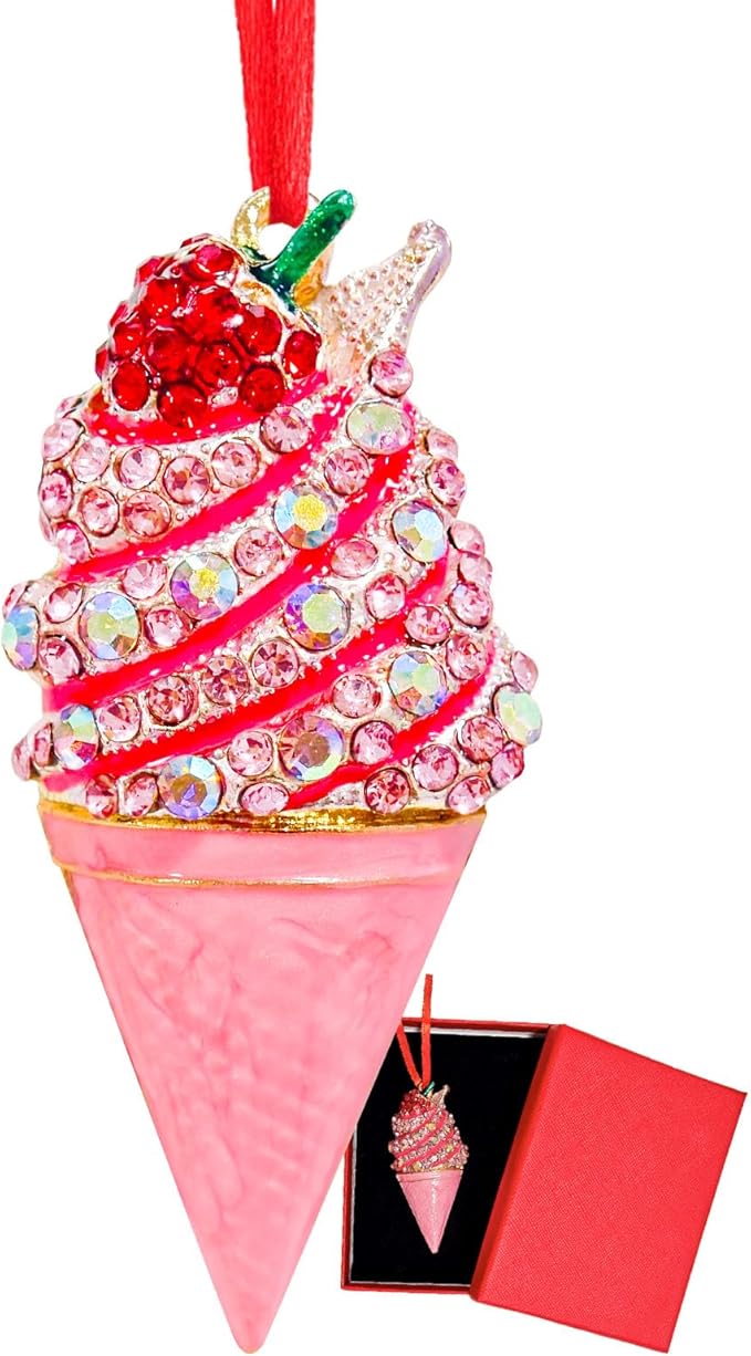 Ushinemi Ice Cream Ornament for Christmas Tree, Ice Cream Cone Hanging Ornament Xmas Tree Decor, Sparkles Keepsake Gifts for Mom Grandma Women Girls Sisters