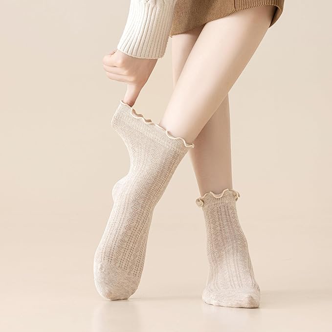 Mcool Mary Womens Crew Socks Ruffle Casual Cotton Frilly Breathable Cute Knit Lettuce Trim Dress Ankle Socks 6 Pack
