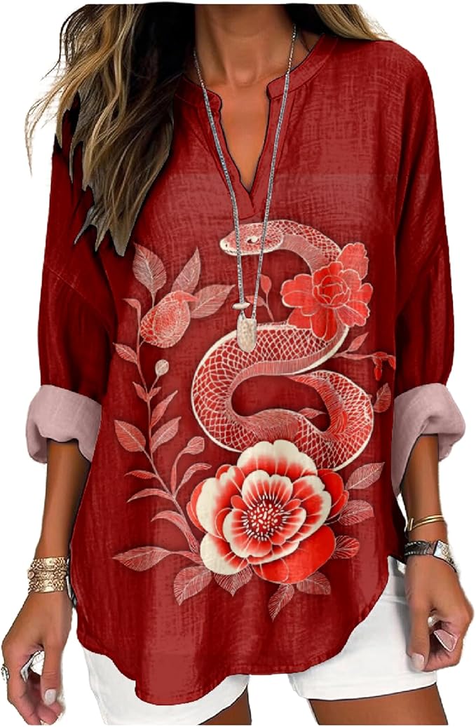 MARSVOVO V Neck Shirt For Women Boho Multi Style Blouse Long Sleeve Novelty Graphic Plus Size Pullover Tops For Women